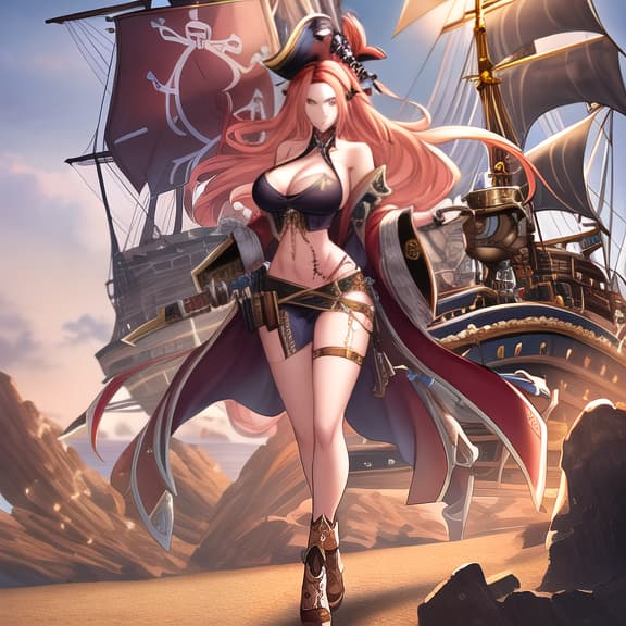  masterpiece, high quality, 4K, HDR BREAK (female pirate:1.3), (full body:1.3), (bare shoulders:1.3), (sword and pistol:1.2), (pirate ship deck:1.1), (ocean waves:1.1), (cloudy sky:1.0), (tattoos and scars:1.0), (long hair flowing:1.0), (determined expression:1.0), (treasure chest:0.9), (pirate flag:0.9), (cannon and rigging:0.9), (tropical island:0.8), (sunset glow:0.8) hyperrealistic, full body, detailed clothing, highly detailed, cinematic lighting, stunningly beautiful, intricate, sharp focus, f/1. 8, 85mm, (centered image composition), (professionally color graded), ((bright soft diffused light)), volumetric fog, trending on instagram, trending on tumblr, HDR 4K, 8K