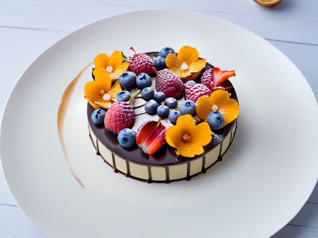  An ultradetailed 8k image of a delicate, intricate glutenfree dessert artfully plated on a sleek, minimalist white dish. The dessert consists of layers of vibrant fresh fruits, glossy chocolate drizzle, and edible flowers, creating a visually stunning and appetizing composition. The lighting is soft, casting gentle shadows to enhance the textures and colors of the dessert, emphasizing its elegance and sophistication. hyperrealistic, full body, detailed clothing, highly detailed, cinematic lighting, stunningly beautiful, intricate, sharp focus, f/1. 8, 85mm, (centered image composition), (professionally color graded), ((bright soft diffused light)), volumetric fog, trending on instagram, trending on tumblr, HDR 4K, 8K