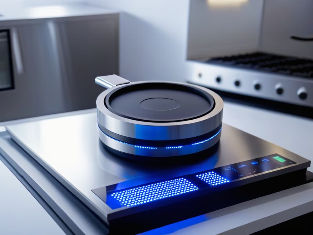  A closeup, ultradetailed image of a sleek, futuristic kitchen gadget designed specifically for pastry chefs. The gadget is made of brushed stainless steel with smooth, curved edges and a digital display showing intricate baking settings. The minimalistic design is highlighted by soft, ambient lighting, emphasizing the sophistication and hightech features of the tool. hyperrealistic, full body, detailed clothing, highly detailed, cinematic lighting, stunningly beautiful, intricate, sharp focus, f/1. 8, 85mm, (centered image composition), (professionally color graded), ((bright soft diffused light)), volumetric fog, trending on instagram, trending on tumblr, HDR 4K, 8K