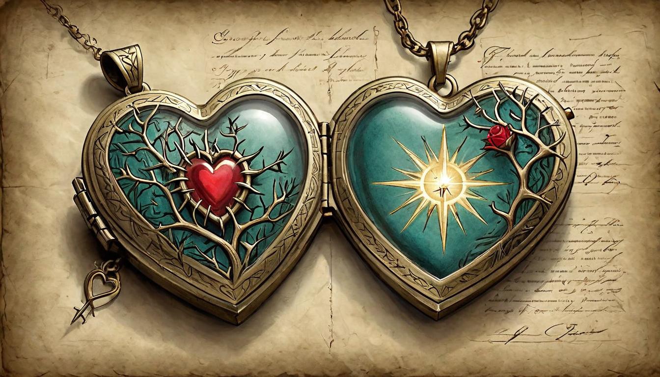  on parchment, surrealism+++, An open heart shaped locket emitting light, surrounded by thorns yet unharmed, symbolizing open hearted love with boundaries, locket and thorns rendered with fine detail, light suggests purity and resilience, background dark to contrast the light, protective radiance, enduring affection(mysterious, provocative, symbolic,muted color)+++