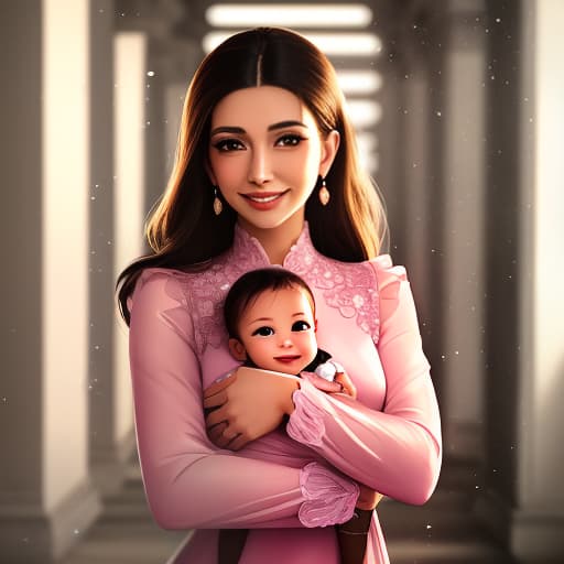  a woman holding a baby wearing a pink shirt, ruanjia, with a beautifull smile, she is happy, kind smile, evelyn, nilah, my little everything, beautiful princess, salome, alanis guillen, raffael, smiling girl, little smile, daughter, she is smiling, auril, she is smiling and happy hyperrealistic, full body, detailed clothing, highly detailed, cinematic lighting, stunningly beautiful, intricate, sharp focus, f/1. 8, 85mm, (centered image composition), (professionally color graded), ((bright soft diffused light)), volumetric fog, trending on instagram, trending on tumblr, HDR 4K, 8K