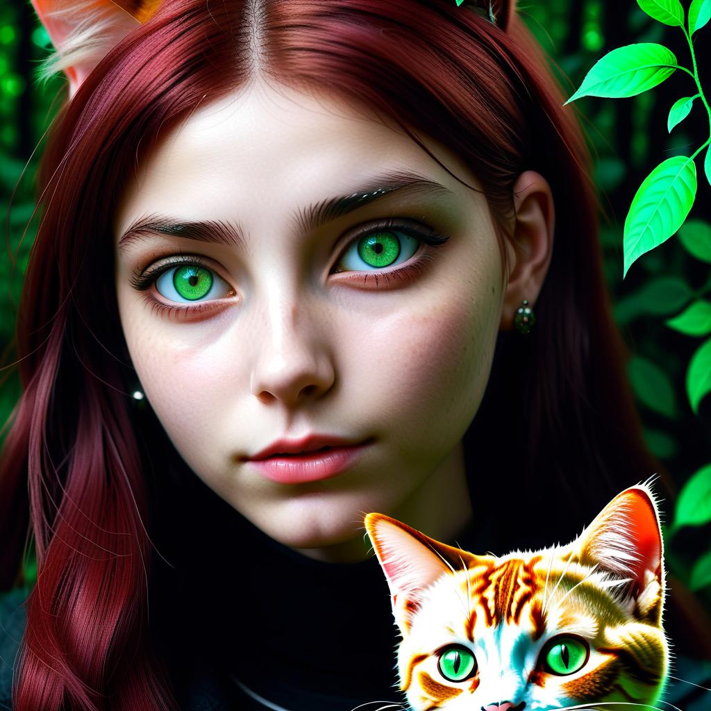  Girl aged 26, short height, daemonic nobles, reddish green eyes, no piercings or piercings + with Regdoll's cat parasite + Night Forest
