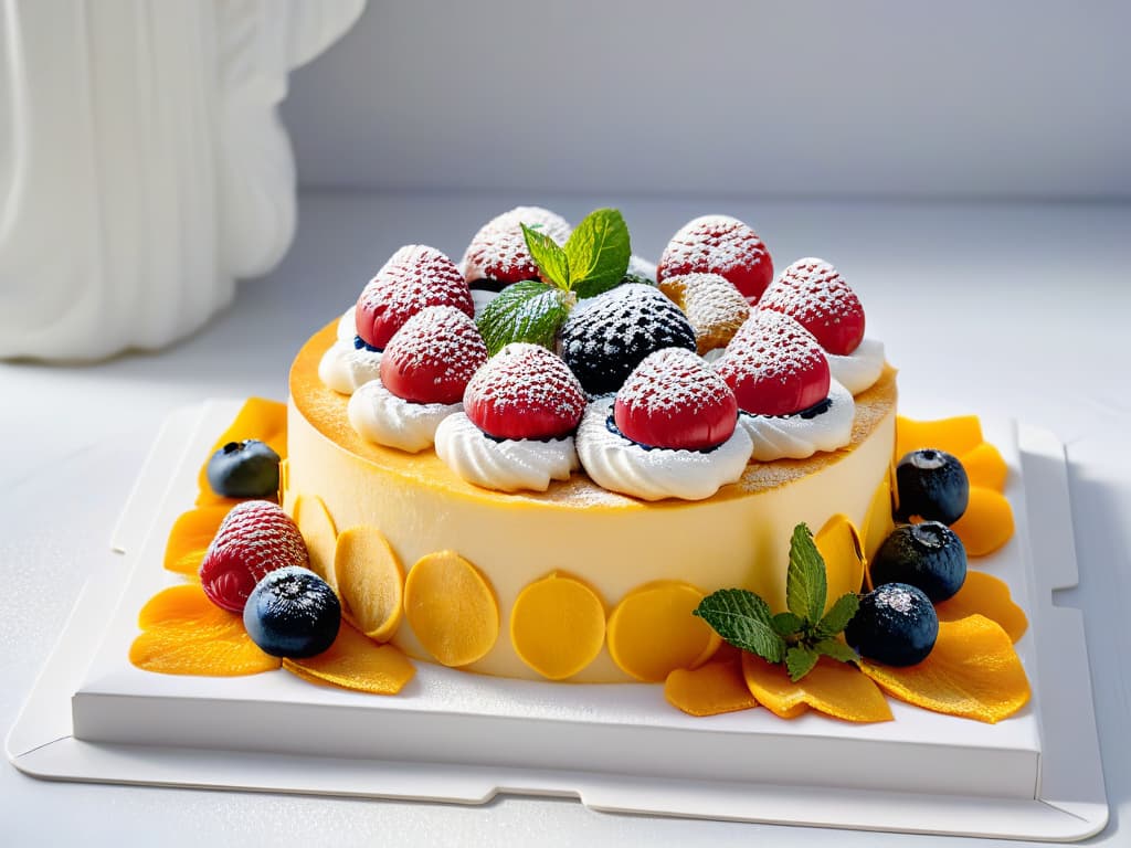  A closeup, highresolution image of a delicate, intricately designed French pastry with layers of flaky crust and a glossy fruit topping, placed on a white marble slab. The pastry is adorned with edible gold leaf and surrounded by vibrant fresh berries and mint leaves, showcasing precision and artistry in pastry making. hyperrealistic, full body, detailed clothing, highly detailed, cinematic lighting, stunningly beautiful, intricate, sharp focus, f/1. 8, 85mm, (centered image composition), (professionally color graded), ((bright soft diffused light)), volumetric fog, trending on instagram, trending on tumblr, HDR 4K, 8K