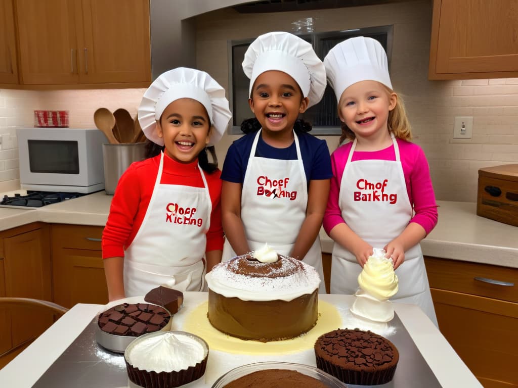  A group of children of diverse backgrounds and ages, wearing colorful aprons and chef hats, gathered around a kitchen island covered in flour and chocolate. Each child is engaged in a different baking task, from stirring batter to decorating cupcakes, with smiles on their faces and a sense of teamwork evident in the air. The image exudes warmth and joy, capturing the essence of a fun and educational baking session. hyperrealistic, full body, detailed clothing, highly detailed, cinematic lighting, stunningly beautiful, intricate, sharp focus, f/1. 8, 85mm, (centered image composition), (professionally color graded), ((bright soft diffused light)), volumetric fog, trending on instagram, trending on tumblr, HDR 4K, 8K