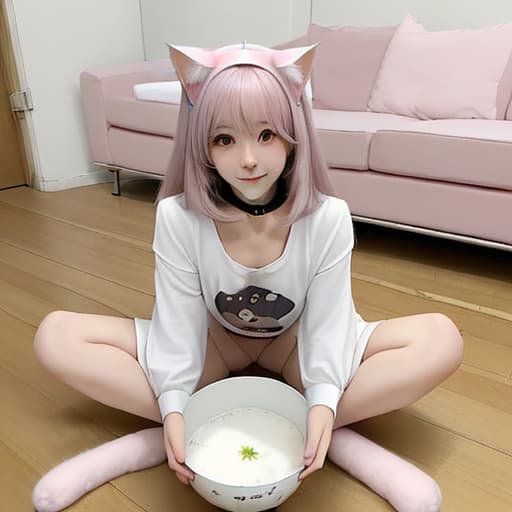  a woman the floor next to a bowl of milk, neko, anime visual of a cute cat, pet, cute anime cat, very beautiful cute cat, cat , anime with cat ears, wearing collar,