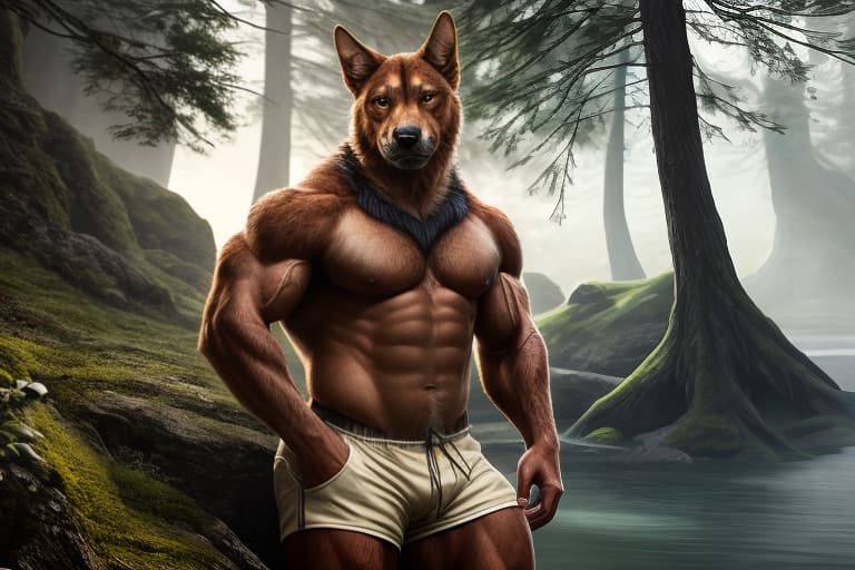  anthro, dog, male, adult, muscular, veiny muscles, shorts, topless, looking at viewer, realistic fur, detailed background, wilderness background, hyper realism, RAW photo, (realism, photorealistic:1.3), detailed, hi res hyperrealistic, full body, detailed clothing, highly detailed, cinematic lighting, stunningly beautiful, intricate, sharp focus, f/1. 8, 85mm, (centered image composition), (professionally color graded), ((bright soft diffused light)), volumetric fog, trending on instagram, trending on tumblr, HDR 4K, 8K
