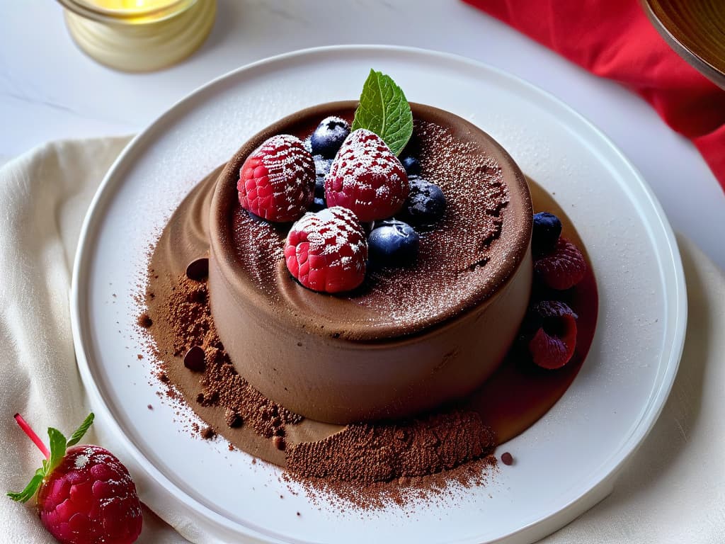  A visually stunning and ultradetailed image of a decadent chocolate avocado mousse served in a delicate glass dessert cup, garnished with fresh raspberries and a dusting of cocoa powder. The mousse is perfectly smooth and glossy, showcasing the rich and creamy texture that can be achieved with avocado in sweet recipes. The minimalistic presentation highlights the elegance and sophistication of using avocados in dessert creations, appealing to both the eyes and the taste buds. hyperrealistic, full body, detailed clothing, highly detailed, cinematic lighting, stunningly beautiful, intricate, sharp focus, f/1. 8, 85mm, (centered image composition), (professionally color graded), ((bright soft diffused light)), volumetric fog, trending on instagram, trending on tumblr, HDR 4K, 8K