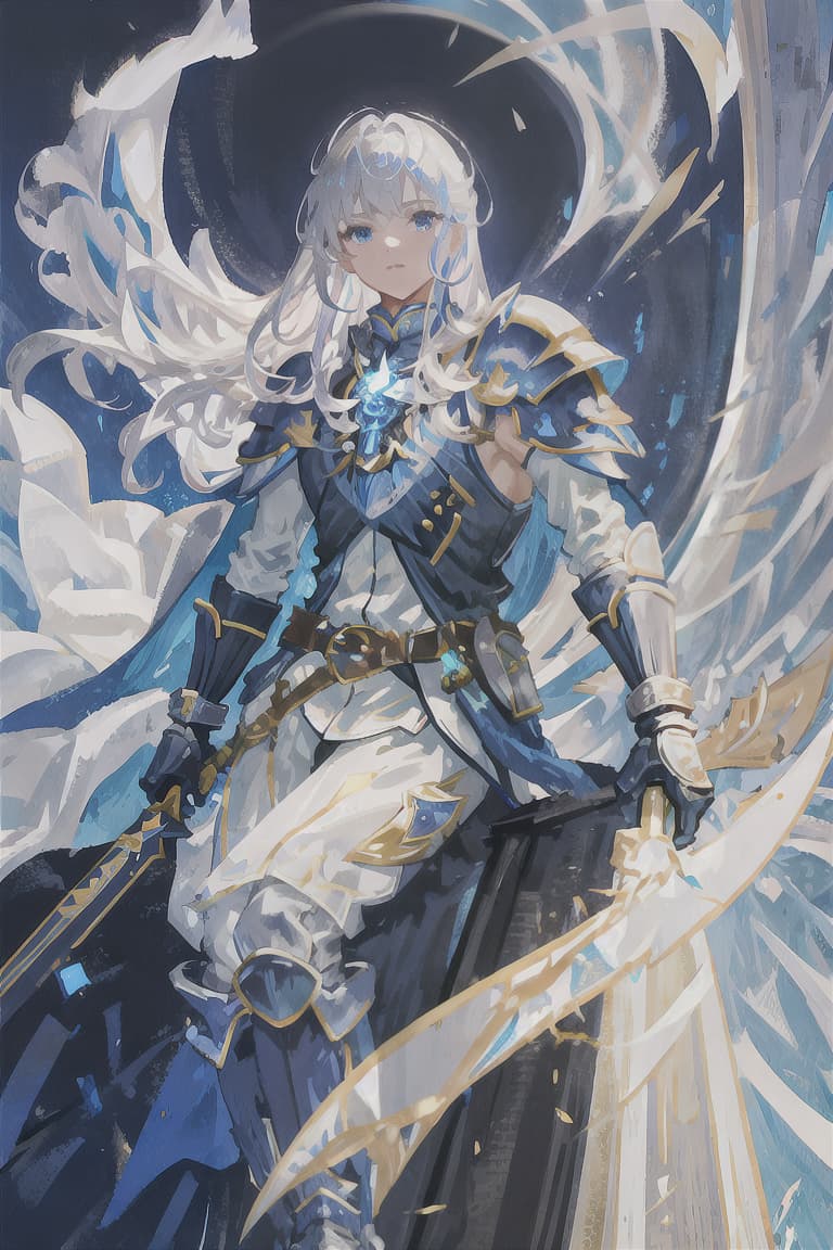  master piece , best quality,Silver hair, long hair, male, knight, blue lightning, white armor, bright light blue cape