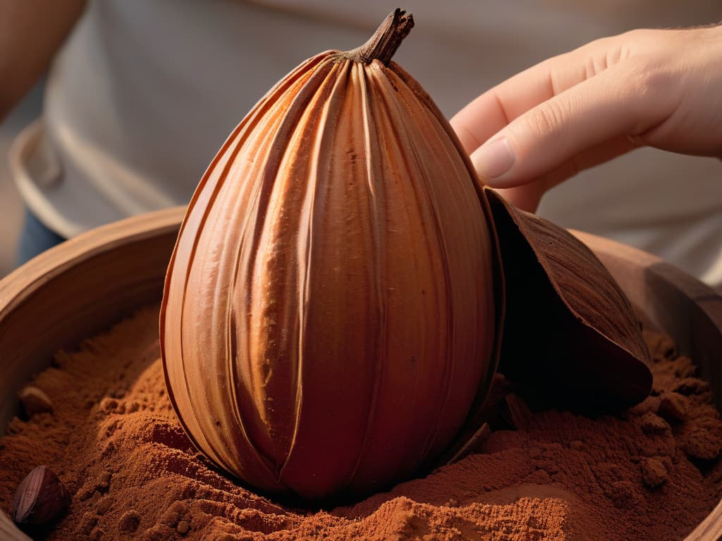  An ultradetailed image of a hand holding a perfectly ripe cocoa pod, showcasing the vibrant colors and intricate textures of the pod's surface. The background is a soft, blurred gradient of warm earth tones, emphasizing the natural beauty of the cocoa pod. The lighting is soft and diffused, casting gentle shadows that highlight the curves and ridges of the pod. This image conveys a sense of purity, sustainability, and the beauty of ethically sourced ingredients for baking. hyperrealistic, full body, detailed clothing, highly detailed, cinematic lighting, stunningly beautiful, intricate, sharp focus, f/1. 8, 85mm, (centered image composition), (professionally color graded), ((bright soft diffused light)), volumetric fog, trending on instagram, trending on tumblr, HDR 4K, 8K