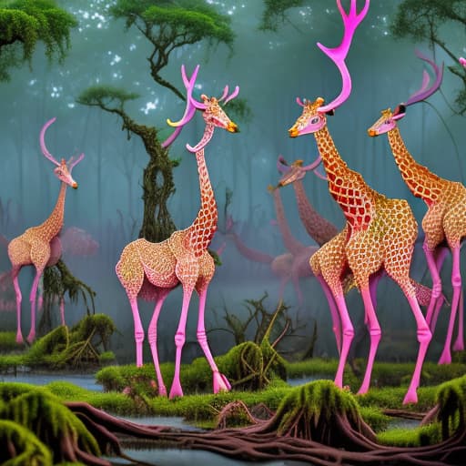  a herd of miniature giraffes with pink and purple color scheme running from an oversized mechanical spider with a scaly body. a hybrid seagull and frog flies overhead, with various shades of green feathers. strange swamp background with eyes hiding everywhere in the shadows. gigantic elk loom In the background, with laser antlers firing in all directions