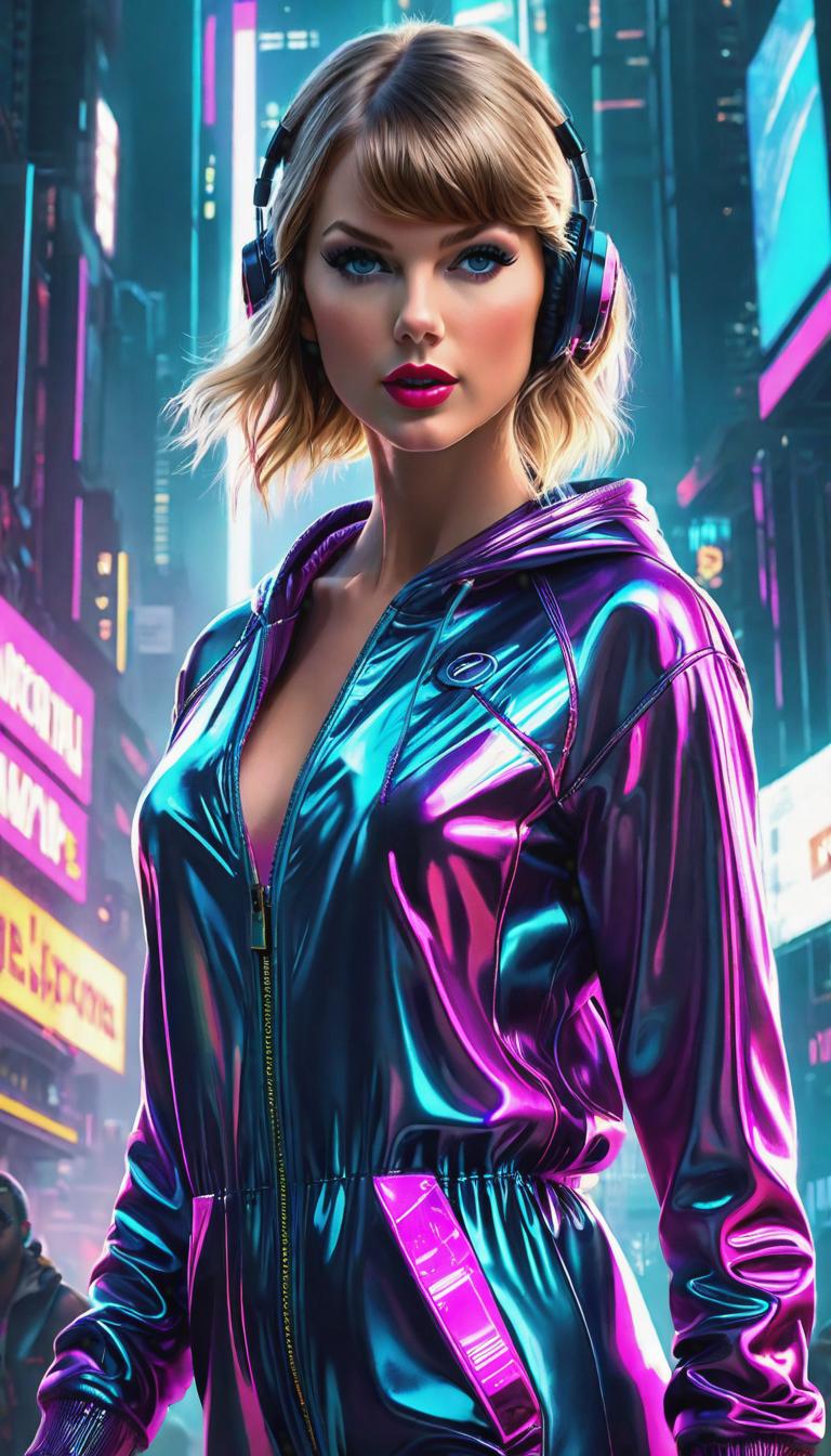  Cyberpunk style depiction of Taylor Swift in onesie pajamas. The scene is set in a world where technology has advanced, but society and human conditions have not, creating a gritty, dystopian atmosphere. hyperrealistic, full body, detailed clothing, highly detailed, cinematic lighting, stunningly beautiful, intricate, sharp focus, f/1. 8, 85mm, (centered image composition), (professionally color graded), ((bright soft diffused light)), volumetric fog, trending on instagram, trending on tumblr, HDR 4K, 8K