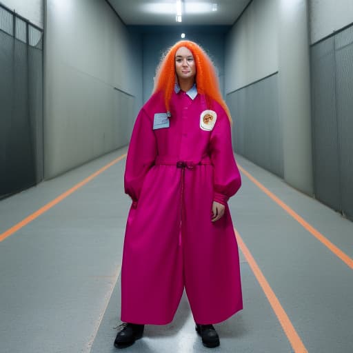 portrait+ style portrait+ style, female inmate with long pink hair in prison wearing buttoned up orange coveralls,, ultra realistic, hyper detail, Canon EOS R3, nikon, f/1.4, ISO 200, 1/160s, 8K, RAW, unedited, symmetrical balance, in-frame, HDR 4K