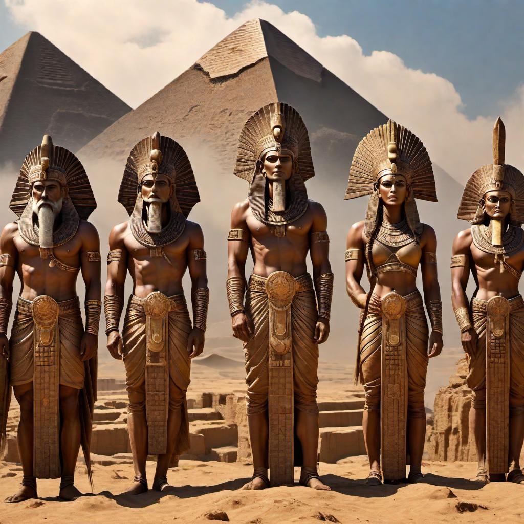  Anunnaki people depicted as tall, humanoid beings with an ancient Mesopotamian or Sumerian look. They have ancient, advanced technology or symbols. The setting includes ancient architecture, like ziggurats or other Mesopotamian structures. hyperrealistic, full body, detailed clothing, highly detailed, cinematic lighting, stunningly beautiful, intricate, sharp focus, f/1. 8, 85mm, (centered image composition), (professionally color graded), ((bright soft diffused light)), volumetric fog, trending on instagram, trending on tumblr, HDR 4K, 8K