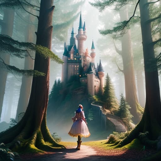  A magical fantasy forest, with big enchanted trees, colorful luminescent plants, and a castle in the background hyperrealistic, full body, detailed clothing, highly detailed, cinematic lighting, stunningly beautiful, intricate, sharp focus, f/1. 8, 85mm, (centered image composition), (professionally color graded), ((bright soft diffused light)), volumetric fog, trending on instagram, trending on tumblr, HDR 4K, 8K