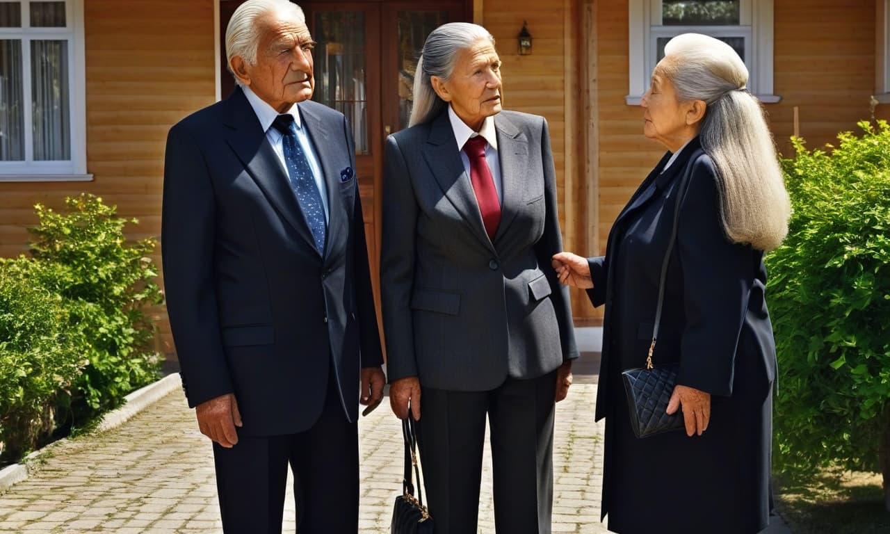  HDR photo of A woman in a business suit sells a house to an elderly couple. The woman has long hair. The grandmother is very old and the grandfather is also old. The picture is in vector and 3D. Everything is very naturalistic. . High dynamic range, vivid, rich details, clear shadows and highlights, realistic, intense, enhanced contrast, highly detailed hyperrealistic, full body, detailed clothing, highly detailed, cinematic lighting, stunningly beautiful, intricate, sharp focus, f/1. 8, 85mm, (centered image composition), (professionally color graded), ((bright soft diffused light)), volumetric fog, trending on instagram, trending on tumblr, HDR 4K, 8K