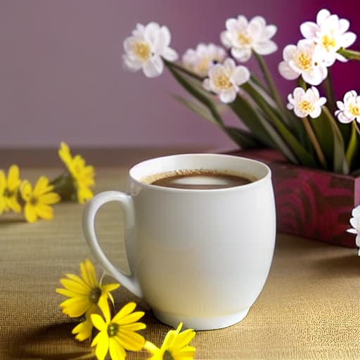  A large white cup of coffee on a table decorated with yellow flowers hyperrealistic, full body, detailed clothing, highly detailed, cinematic lighting, stunningly beautiful, intricate, sharp focus, f/1. 8, 85mm, (centered image composition), (professionally color graded), ((bright soft diffused light)), volumetric fog, trending on instagram, trending on tumblr, HDR 4K, 8K