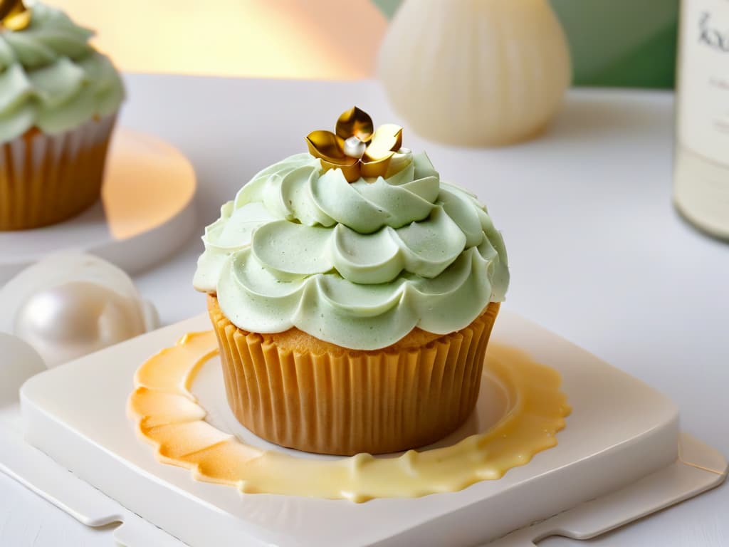  A closeup, ultradetailed image of a perfectly frosted cupcake with delicate swirls of pastelcolored buttercream, topped with a single shimmering edible pearl and a sprinkle of gold dust. The cupcake sits on a pristine white plate, against a soft, blurred background of a sunlit kitchen. The frosting texture is so lifelike that every tiny air bubble and swirl pattern is visible, showcasing the precision and artistry of professional pastry skills. hyperrealistic, full body, detailed clothing, highly detailed, cinematic lighting, stunningly beautiful, intricate, sharp focus, f/1. 8, 85mm, (centered image composition), (professionally color graded), ((bright soft diffused light)), volumetric fog, trending on instagram, trending on tumblr, HDR 4K, 8K