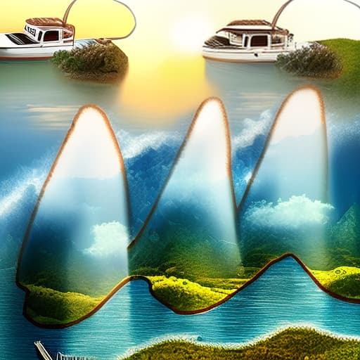 mdjrny-v4 style Mountains, lakes, boats, sun