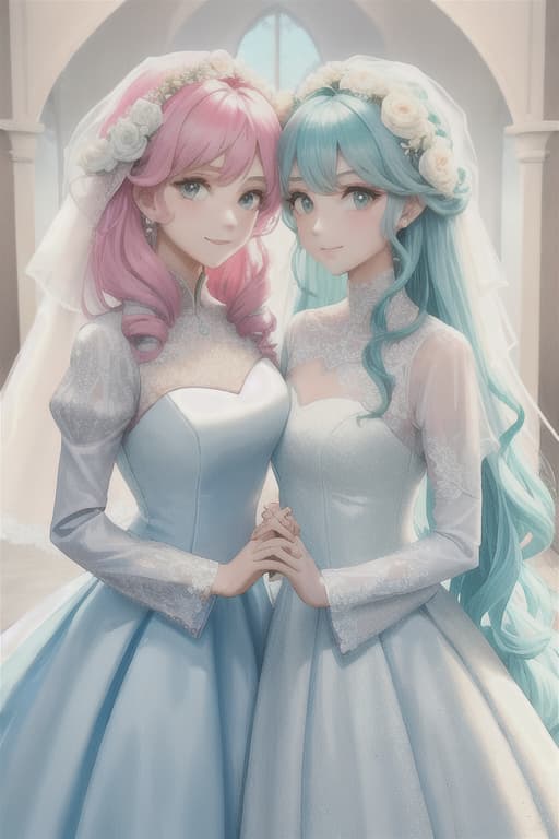  Two beautiful girls, fluffy hair, pastel color, wedding, wedding dress, wedding, shining