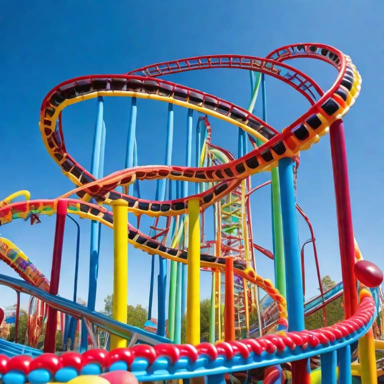  Subject Detail: The image depicts a whimsical roller coaster made entirely of candy, standing tall against a clear blue sky. The coaster's tracks are vibrant and bend and twist in various directions, resembling licorice twists. The carts are shaped like enormous gummy bears with brightly colored wrappers. The coaster's seats are made of licorice ropes, which provide a satisfying chewy texture. People of all ages and diverse backgrounds are seated on the licorice seats, their arms raised in excitement as they enjoy the exhilarating ride.

Medium: Digital art.

Art Style: Pop art.

Image Type: Illustration.

Resolution and Focus: High resolution with a focus on highly detailed elements.

Typography and Text: No text required.

Elaborate Descr