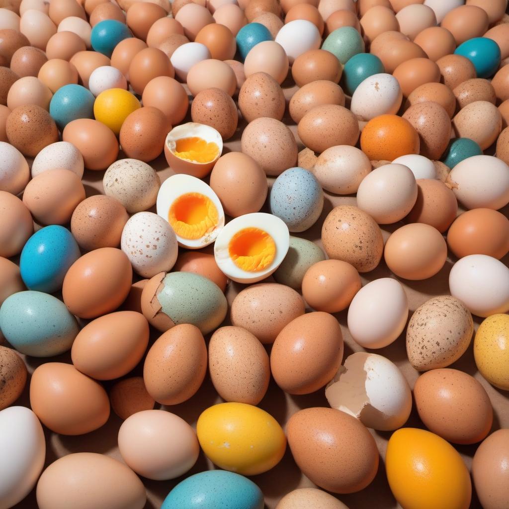  A broken egg with wide -open eyes and an excited expression, surrounded by scattered price tags with a discount in the noisy passage of a supermarket, stunned by an abundance of savings, an exaggerated reaction to every significant sale, a hyperrealist, colorful and chaotic scene.