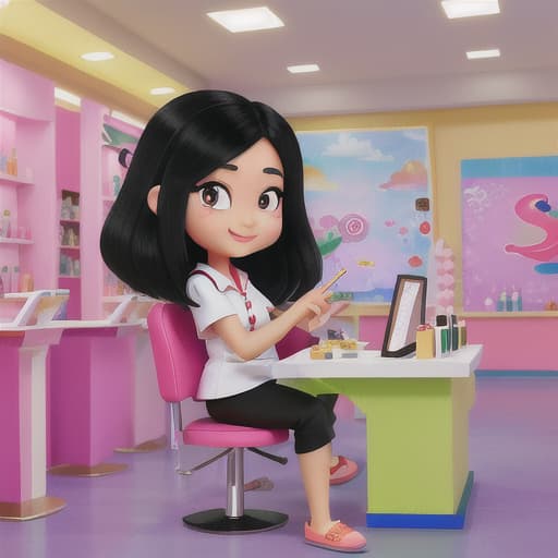  Cute thai girl, cartoon style, bright colours, long black hair working in a nail salon painting a very large finger nail of a customer