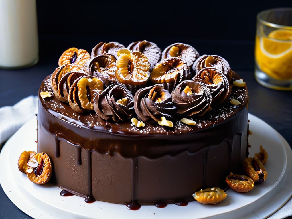  A closeup, ultradetailed image of a perfectly arranged, decadent chocolate cake topped with a generous sprinkle of activated walnuts, each one glistening with a light honey glaze. The cake sits on a sleek, modern white plate against a stark black background, emphasizing the rich, glossy texture of the dessert and the intricate details of the activated walnuts. The lighting is soft and focused, capturing the depth of color and the inviting, indulgent nature of the treat. hyperrealistic, full body, detailed clothing, highly detailed, cinematic lighting, stunningly beautiful, intricate, sharp focus, f/1. 8, 85mm, (centered image composition), (professionally color graded), ((bright soft diffused light)), volumetric fog, trending on instagram, trending on tumblr, HDR 4K, 8K