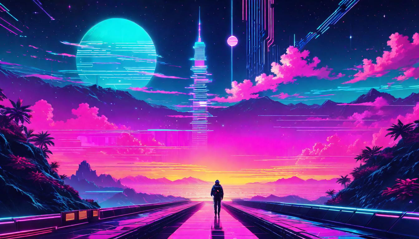  vaporwave,cyberpunk game style A lone figure navigating a path lit only by faint stars, surrounded by encroaching darkness, symbolizing the journey of truth telling. Mood: Solitary, resilient.eon, dystopian, futuristic, digital, vibrant, detailed, high contrast, reminiscent of cyberpunk genre video games,retro aesthetic, cyberpunk, vibrant, neon colors, vintage 80s and 90s style, highly detailed