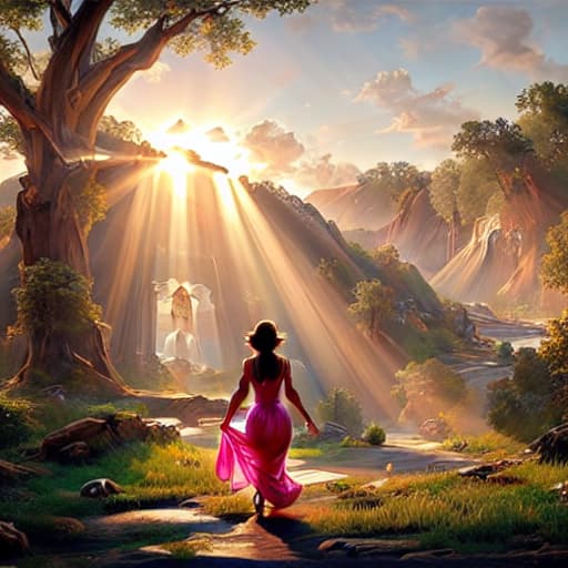 a photo of ddfusion style A woman is walking into a beautiful natural setting She is walking away from the viewer, so we see her from behind She seems happy and excited and full of energy The morning sun rays outline her body shape and we can see light energy emanations encircling her body in this magical light in this magical light in this magical light In this magical light