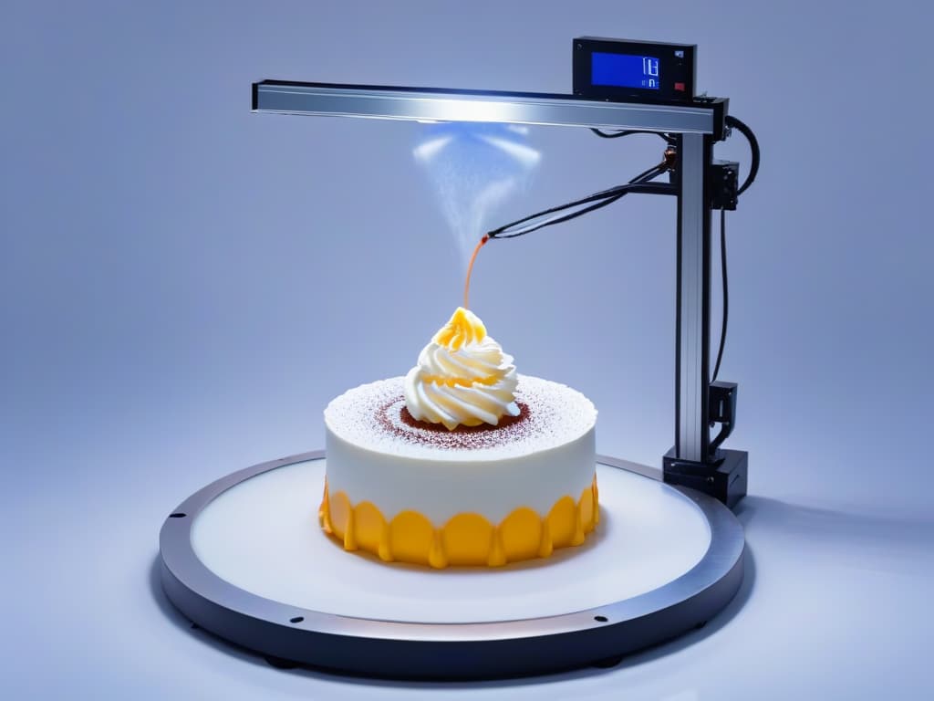  A sleek, minimalistic image showcasing a futuristic 3D printer crafting a delicate and intricate dessert, with artificial intelligence algorithms displayed on a digital screen in the background, symbolizing the fusion of technology and culinary art in the realm of 3D dessert printing. hyperrealistic, full body, detailed clothing, highly detailed, cinematic lighting, stunningly beautiful, intricate, sharp focus, f/1. 8, 85mm, (centered image composition), (professionally color graded), ((bright soft diffused light)), volumetric fog, trending on instagram, trending on tumblr, HDR 4K, 8K