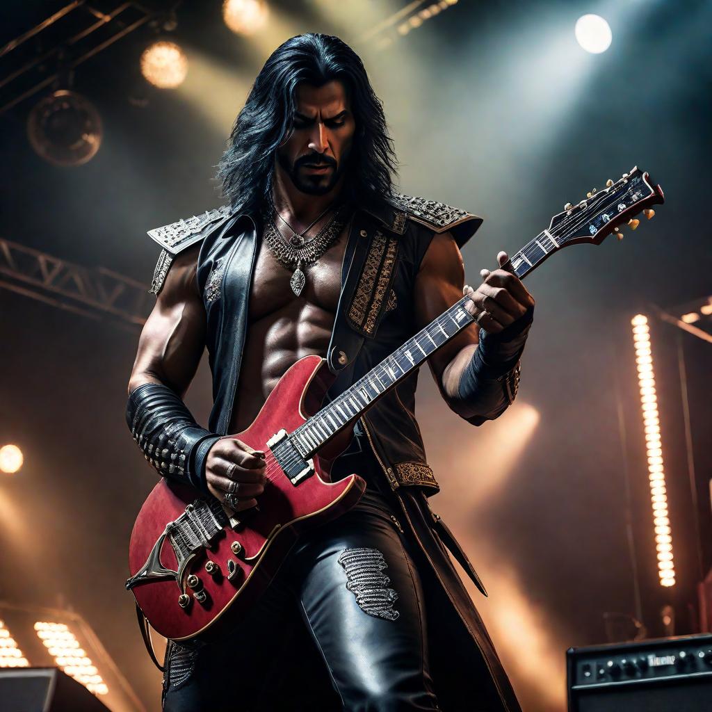  Rumî playing electric guitar in a heavy metal band hyperrealistic, full body, detailed clothing, highly detailed, cinematic lighting, stunningly beautiful, intricate, sharp focus, f/1. 8, 85mm, (centered image composition), (professionally color graded), ((bright soft diffused light)), volumetric fog, trending on instagram, trending on tumblr, HDR 4K, 8K