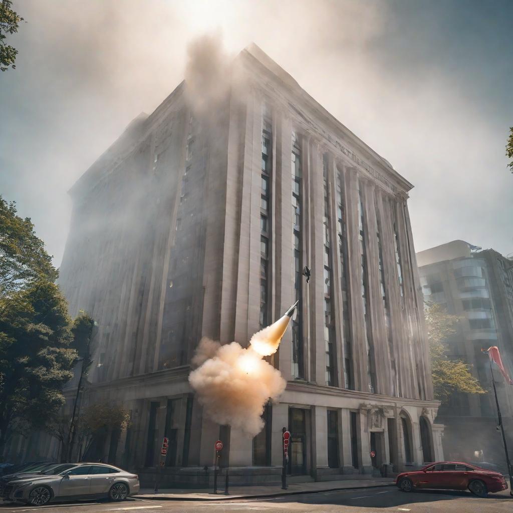  A missile hitting the Peruvian embassy hyperrealistic, full body, detailed clothing, highly detailed, cinematic lighting, stunningly beautiful, intricate, sharp focus, f/1. 8, 85mm, (centered image composition), (professionally color graded), ((bright soft diffused light)), volumetric fog, trending on instagram, trending on tumblr, HDR 4K, 8K