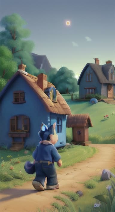  {Max walking back towards the cozy little house with droopy eyes, as twilight falls, The big blue dog is large with sky blue fur, big round eyes, a black nose, and floppy ears.