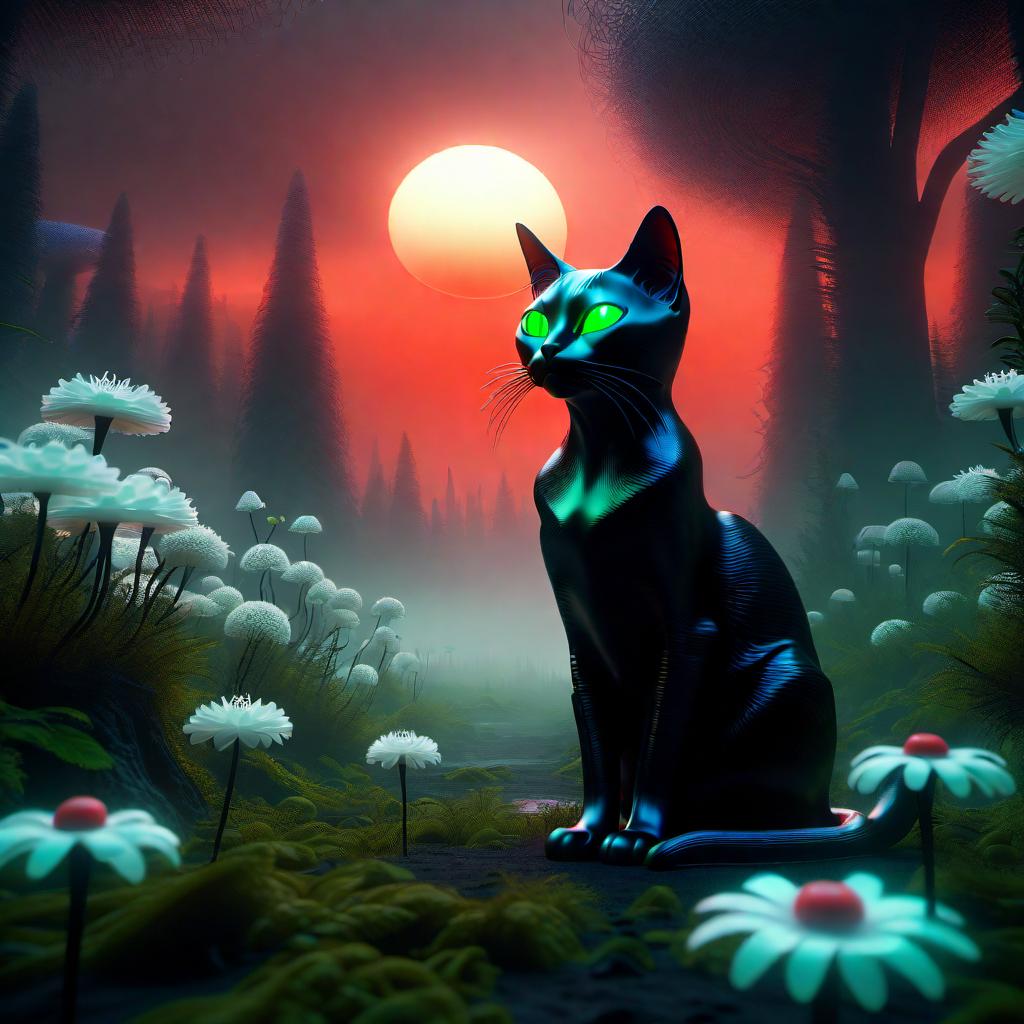  alien-themed black cat ghost translucent, green forest, white mist flowers, Red sunset, alien landscape, perfect composition, exquisite attention to small details, realistic reflections, UHD, 8k, ultra-detailed texture, volumetric light, cinematic effects, masterpiece , trending on ArtStation, Octane 3D rendering, Mysterious . extraterrestrial, cosmic, otherworldly, mysterious, sci-fi, highly detailed