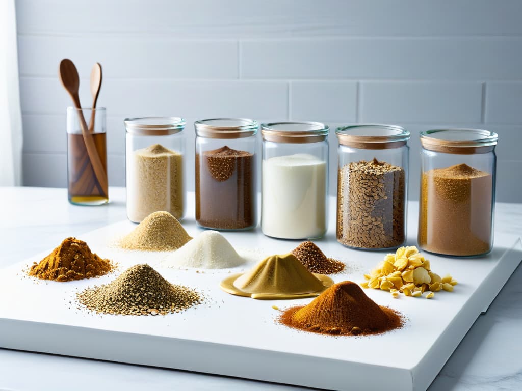  A beautifully styled, highresolution image of a minimalist kitchen countertop with a sleek marble surface, featuring a scattering of glutenfree baking ingredients like almond flour, coconut sugar, and flaxseeds in modern, glass containers. The soft natural light filtering in highlights the textures and earthy tones of the ingredients, creating a serene and elegant culinary scene that complements the professional and informative tone of the article on glutenfree baking for individuals with celiac disease. hyperrealistic, full body, detailed clothing, highly detailed, cinematic lighting, stunningly beautiful, intricate, sharp focus, f/1. 8, 85mm, (centered image composition), (professionally color graded), ((bright soft diffused light)), volumetric fog, trending on instagram, trending on tumblr, HDR 4K, 8K