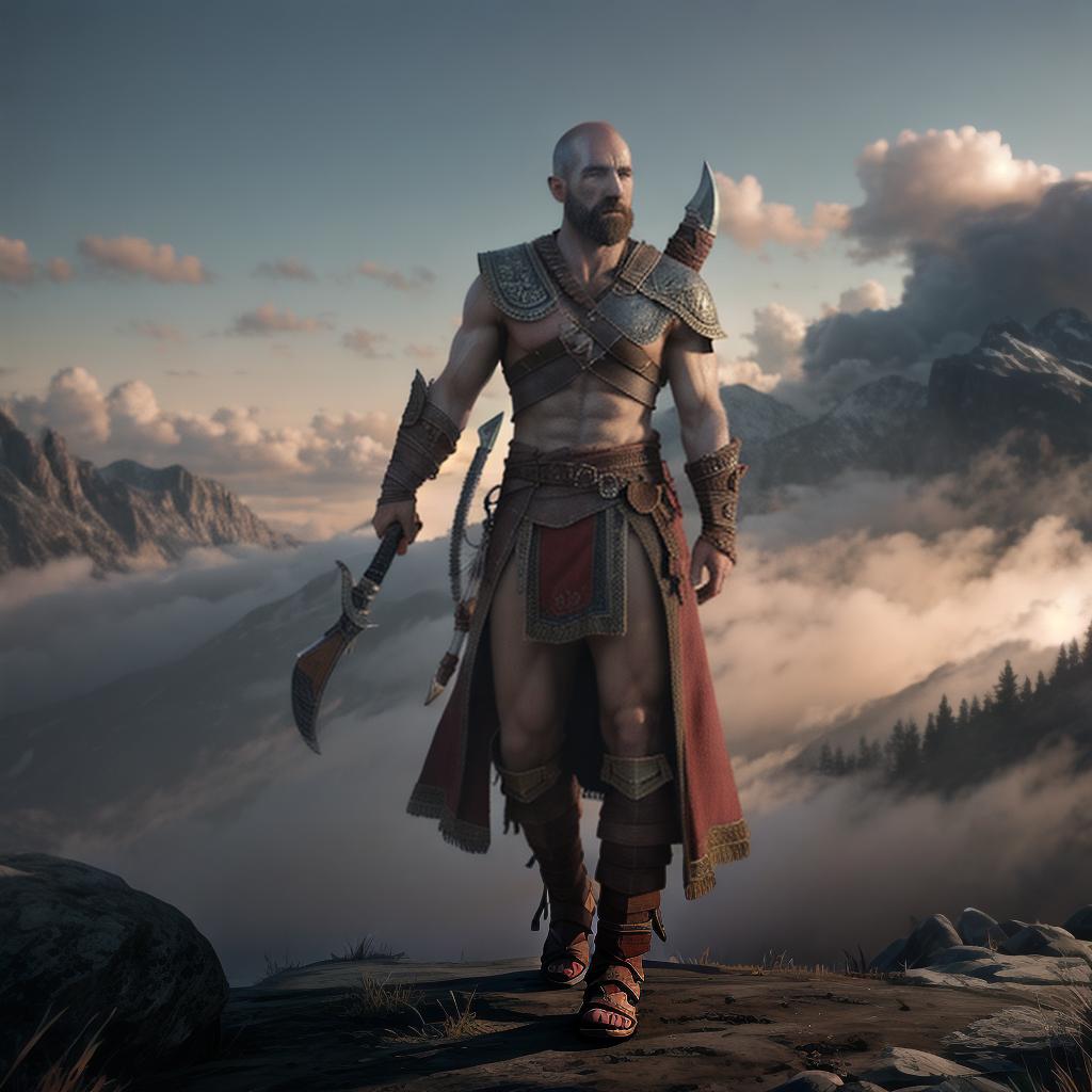  God of war hyperrealistic, full body, detailed clothing, highly detailed, cinematic lighting, stunningly beautiful, intricate, sharp focus, f/1. 8, 85mm, (centered image composition), (professionally color graded), ((bright soft diffused light)), volumetric fog, trending on instagram, trending on tumblr, HDR 4K, 8K