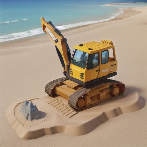  a excavator on a holiday beach at the sea building a sand castle