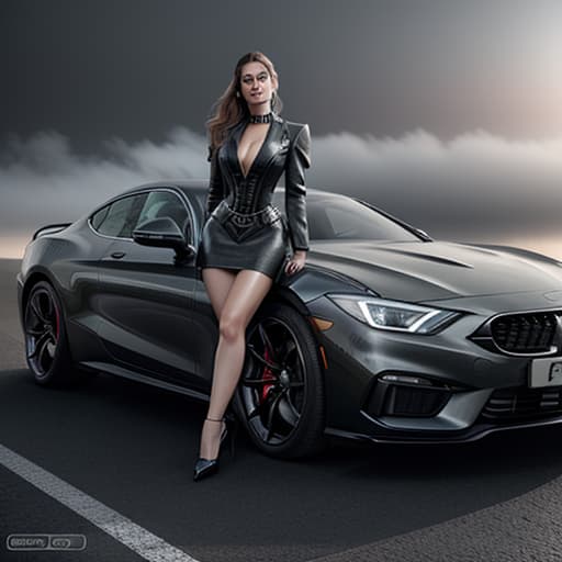  future woman,stand by a car,best quality,masterpiece,realistic,HDR,UHD,8K, hyperrealistic, full body, detailed clothing, highly detailed, cinematic lighting, stunningly beautiful, intricate, sharp focus, f/1. 8, 85mm, (centered image composition), (professionally color graded), ((bright soft diffused light)), volumetric fog, trending on instagram, trending on tumblr, HDR 4K, 8K
