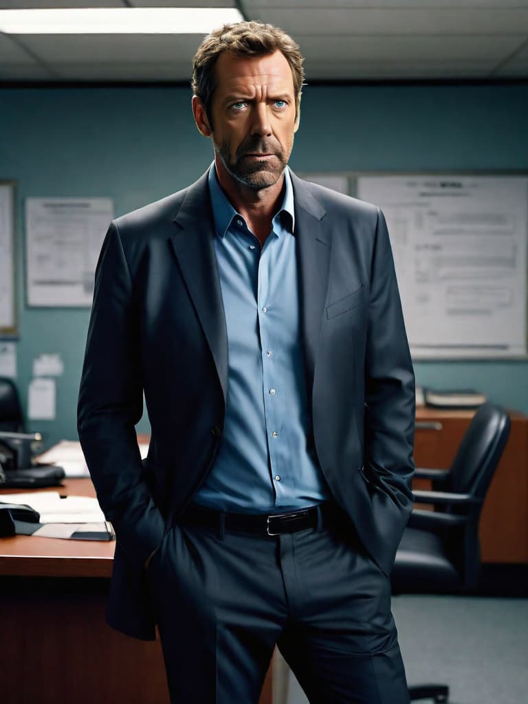  Anime pixar style of Dr. Gregory House from the TV series 'House M.D.'. The character resembles actor Hugh Laurie, with his signature stubble, piercing blue eyes, and slightly disheveled hair. He is wearing his usual outfit: a wrinkled blazer, a graphic t shirt underneath, and jeans. The scene is set in his office, with a cluttered desk, medical equipment, and the iconic whiteboard with medical notes in the background. Dr. House is holding a cane and has a thoughtful, yet slightly cynical expression on his face. hyperrealistic, full body, detailed clothing, highly detailed, cinematic lighting, stunningly beautiful, intricate, sharp focus, f/1. 8, 85mm, (centered image composition), (professionally color graded), ((bright soft diffused light)), volumetric fog, trending on instagram, trending on tumblr, HDR 4K, 8K