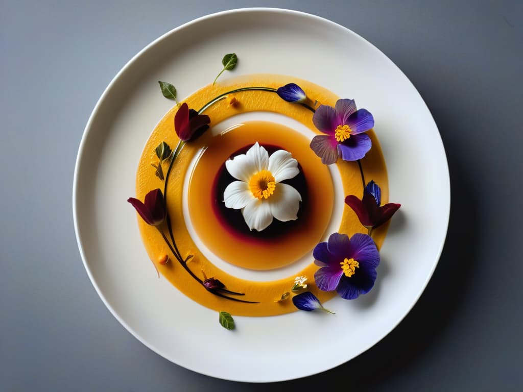  A closeup, ultradetailed image of a beautifully plated dessert featuring intricate swirls of fermented sauces and garnished with delicate edible flowers, captured from a slightly elevated angle to showcase the precise arrangement and textures of the dish. The dessert is set on a sleek, minimalist white plate, enhancing the vibrant colors of the fermented components and creating a visually striking contrast. The lighting is soft and diffused, casting gentle shadows that add depth and dimension to the composition, while highlighting the glossy finish of the sauces and the natural beauty of the floral decorations. hyperrealistic, full body, detailed clothing, highly detailed, cinematic lighting, stunningly beautiful, intricate, sharp focus, f/1. 8, 85mm, (centered image composition), (professionally color graded), ((bright soft diffused light)), volumetric fog, trending on instagram, trending on tumblr, HDR 4K, 8K