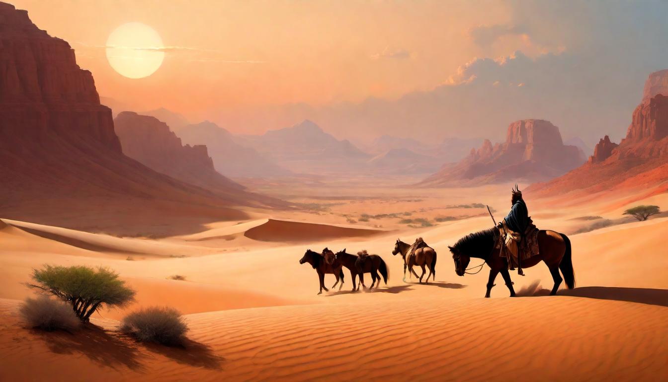  digital painting of Desert landscape, the Prophet encircled by wild beasts, each calmly sitting, a sense of peaceful coexistence, their wild nature subdued, subdued palette, highlighted contours, serene dominion looking at viewer, dynamic pose, (intricate details, masterpiece, best quality)