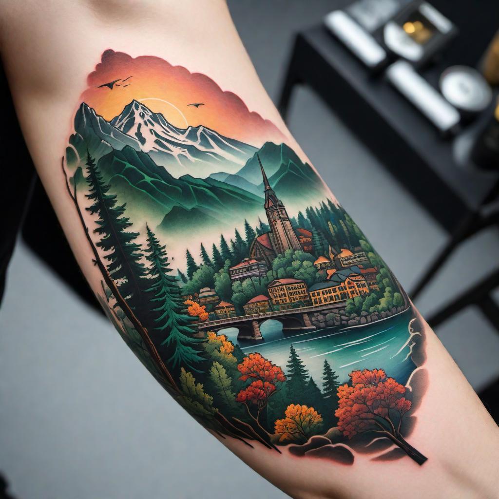  Create an arm sleeve tattoo design that is representative of the Portland, Oregon cityscape and the Great Northwest. The design should include iconic buildings of Portland, lush green forests, snowy mountains, rivers, and other elements that capture the essence of the region. The color scheme should be vibrant and dynamic, reflecting the unique beauty of Portland and the Great Northwest. hyperrealistic, full body, detailed clothing, highly detailed, cinematic lighting, stunningly beautiful, intricate, sharp focus, f/1. 8, 85mm, (centered image composition), (professionally color graded), ((bright soft diffused light)), volumetric fog, trending on instagram, trending on tumblr, HDR 4K, 8K