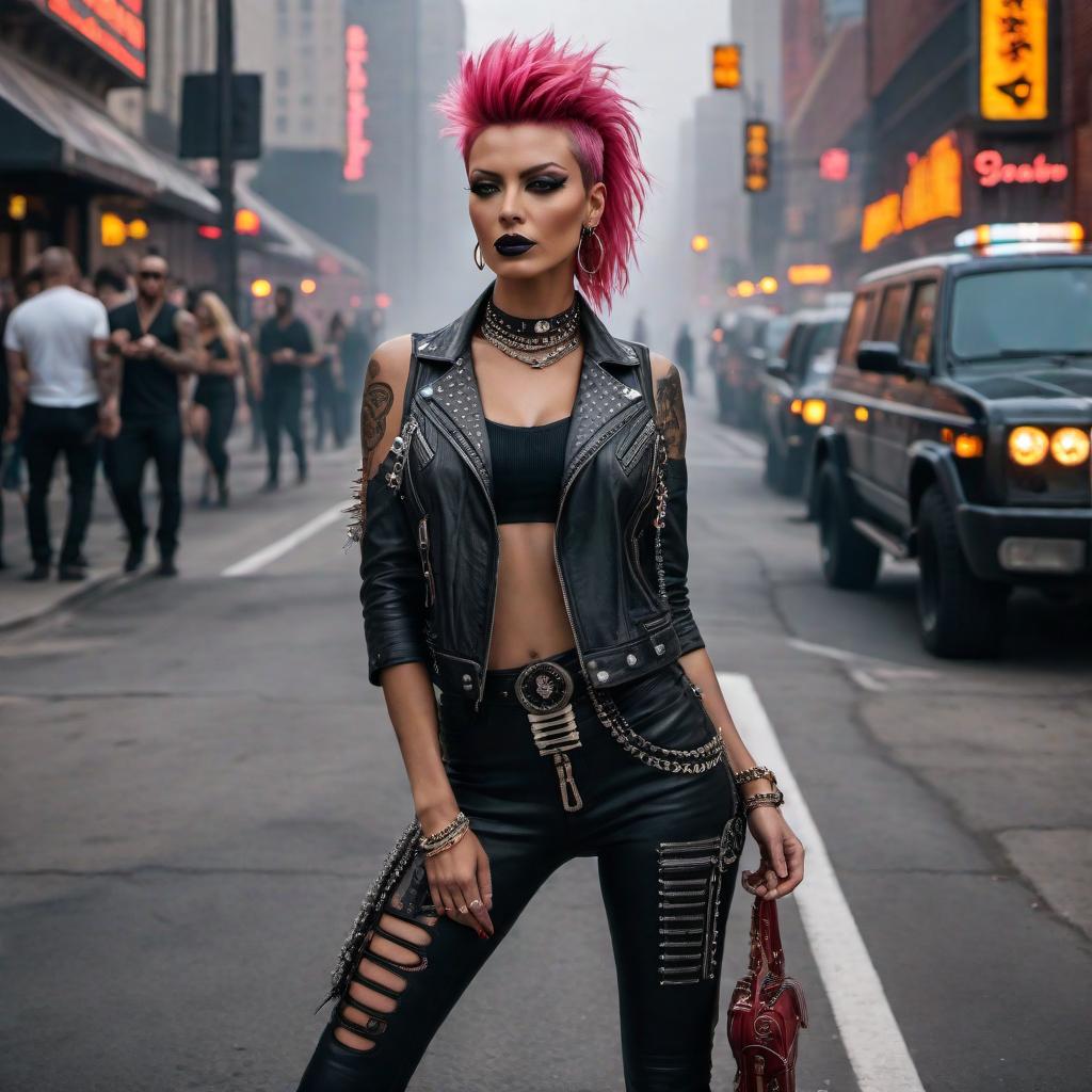  Create a punk rock themed image that captures the essence of a journey from New York to LA, partying, love and loss, overdose, and the feeling of life being unmanageable and inescapable. hyperrealistic, full body, detailed clothing, highly detailed, cinematic lighting, stunningly beautiful, intricate, sharp focus, f/1. 8, 85mm, (centered image composition), (professionally color graded), ((bright soft diffused light)), volumetric fog, trending on instagram, trending on tumblr, HDR 4K, 8K