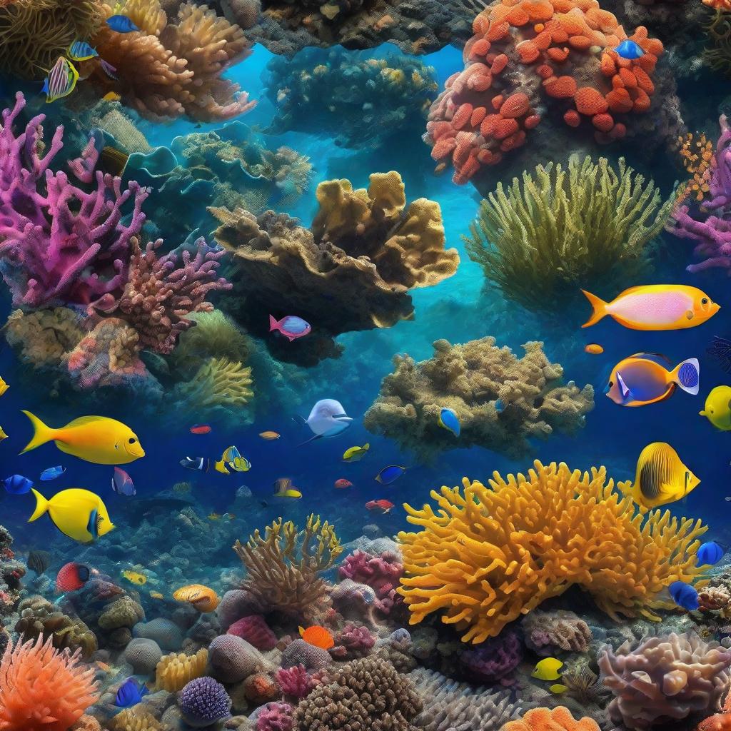  masterpiece, best quality, beautiful deep sea full of corals, diverse marine life and fascinating underwater landscapes with corals, appendages, small fish, anemones, dolphins, various algae, caves, colorful, 8k resolution and intricate detail