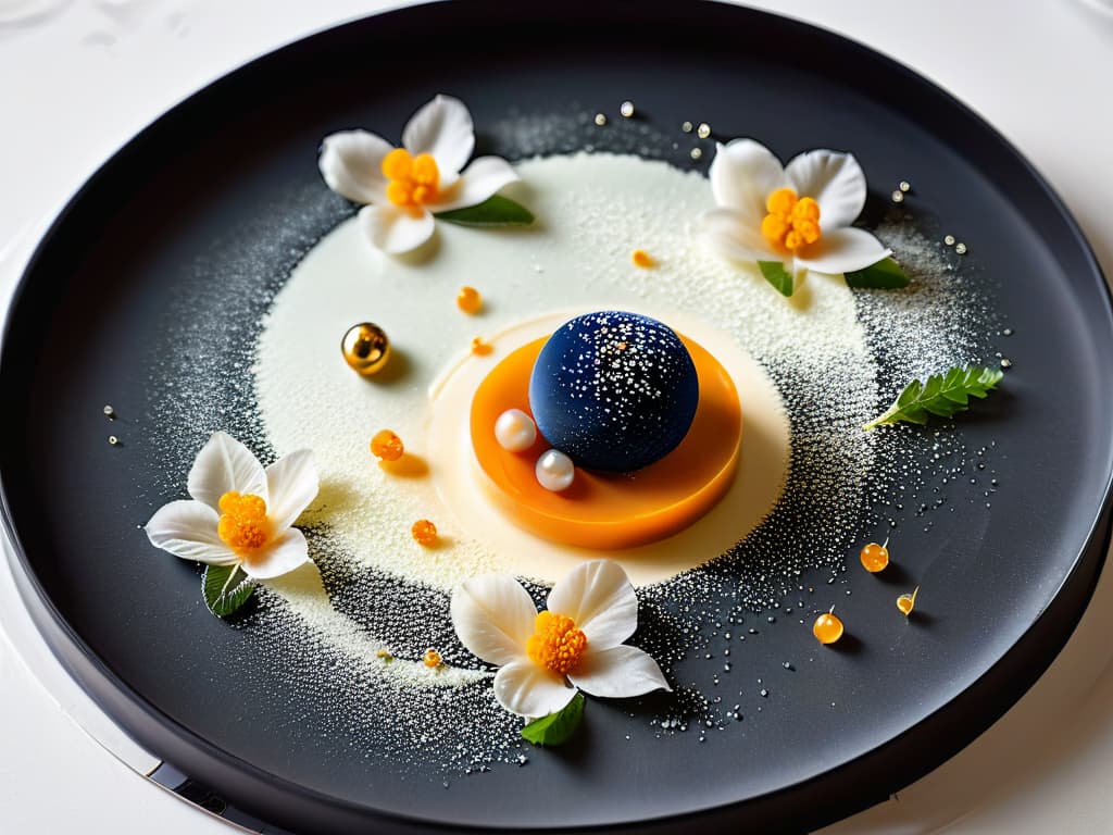  \nA closeup, ultradetailed image of a delicate molecular dessert creation, featuring a spherical transparent geleé filled with vibrant exotic fruit caviar pearls, surrounded by edible flower petals and a dusting of shimmering gold flakes on a sleek, modernist plate. The dessert is set against a softly blurred background of a sophisticated molecular gastronomy kitchen, with stainless steel equipment and precise measuring tools visible, reflecting a harmonious blend of science and artistry in culinary innovation. hyperrealistic, full body, detailed clothing, highly detailed, cinematic lighting, stunningly beautiful, intricate, sharp focus, f/1. 8, 85mm, (centered image composition), (professionally color graded), ((bright soft diffused light)), volumetric fog, trending on instagram, trending on tumblr, HDR 4K, 8K