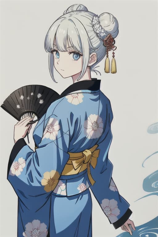  Hair and eyes are light colors, eyes are shining, kimonos, back collars are dressed so that they can be opened from nape to back, holding a fan, Date Hyogo bun