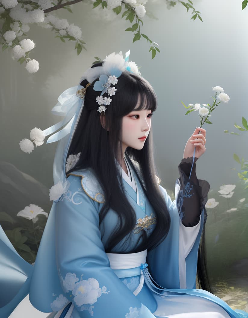  masterpiece, best quality, (Fidelity: 1.4), Best Quality, Masterpiece, Ultra High Resolution, Poster, Fantasy Art, Very Detailed Faces, 8k resolution, Chinese Style, An woman, Side Face, Quiet, Light Blue Hanfu, Tulle Coat, Long Black Hair, Light Blue Fringed Hair Ornament, Hairpin, White Ribbon, White Flower Bush, Light Blue Butterfly Flying, cinematic lighting effects