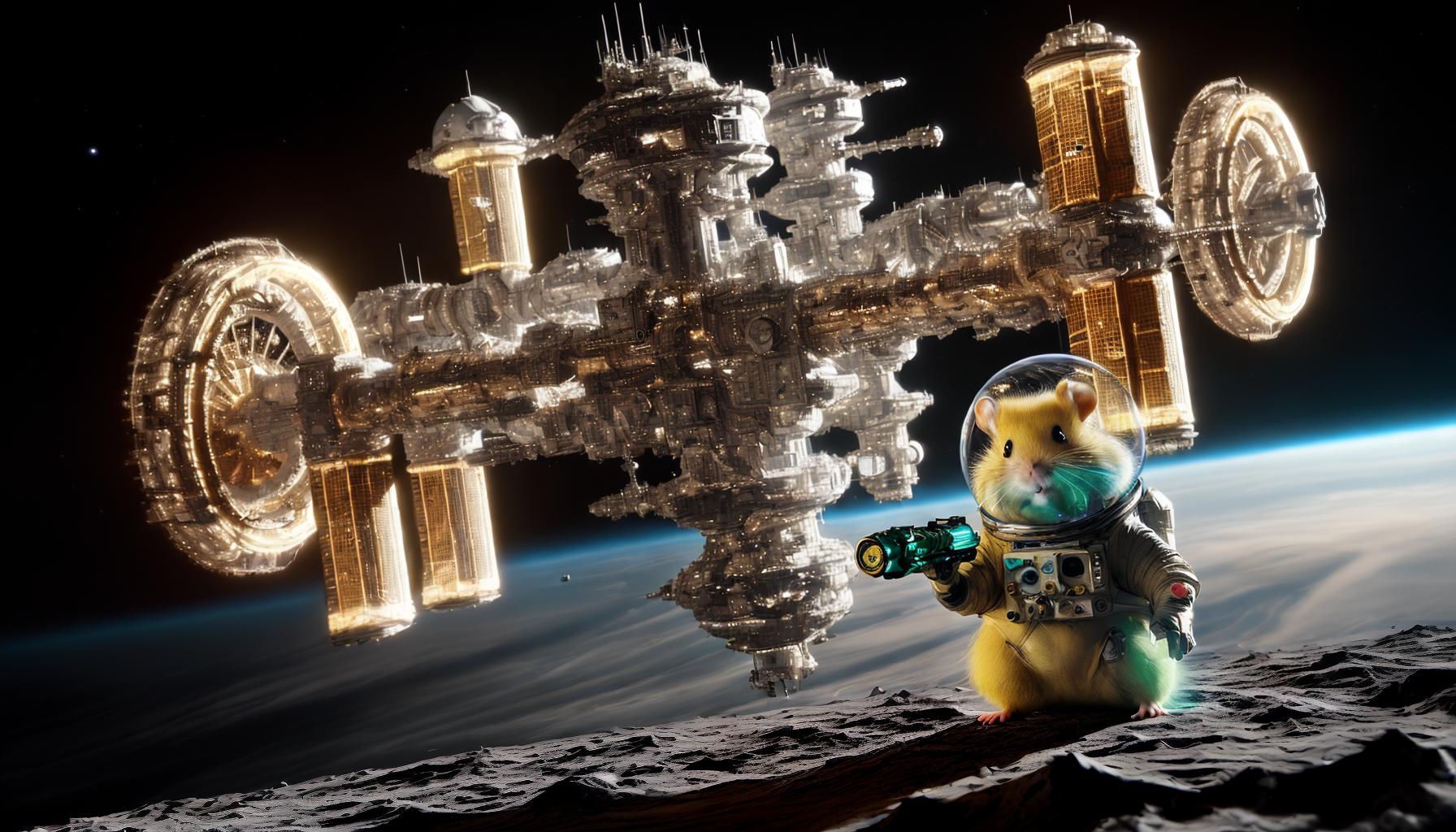  masterpiece, best quality,A hyper-realistic, spacesuit-wearing yellow hamster is playing with an AK-47 in front of a massive space station.,,Anime,comic style,lovely,dynamic,colorful,exaggerated design,clear lines,emphasize eye contact,fantasy world, masterpiece:1.2, best quality:1.2,8k