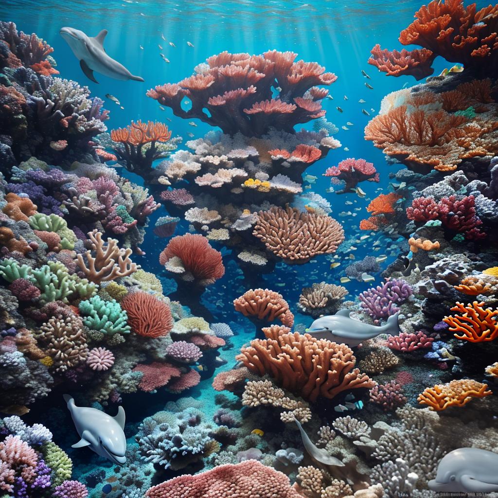  masterpiece, best quality, Most Beautiful in deep sea teeming with vibrant corals, diverse marine life, and enchanting underwater landscapes, full of corals, acrophore, small fishes, anemones, dolphin, various algaes, caves, colorful,all captured in stunning 8k resolution with intricate details.