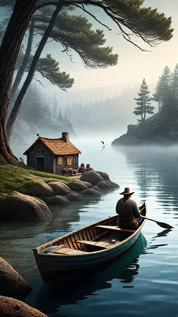  (A small coastal fishing village with ancient, whispering pine trees. In the calm, misty waters, a weathered old fisherman named Eli navigates his small boat, the Silver Fin, as he spots a large, ornate bottle floating gently on the surface. Curious, Eli reaches out and pulls the bottle aboard, revealing a parchment map inside with mysterious symbols and a path leading to a hidden cove on a nearby island.) hyperrealistic, full body, detailed clothing, highly detailed, cinematic lighting, stunningly beautiful, intricate, sharp focus, f/1. 8, 85mm, (centered image composition), (professionally color graded), ((bright soft diffused light)), volumetric fog, trending on instagram, trending on tumblr, HDR 4K, 8K